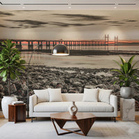 Office setup with Bridge at Dusk wall mural in muted tones