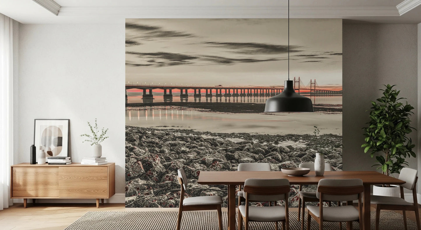 Dining room shows Bridge at Dusk wall mural and long bridge scene