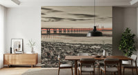 Dining room shows Bridge at Dusk wall mural and long bridge scene
