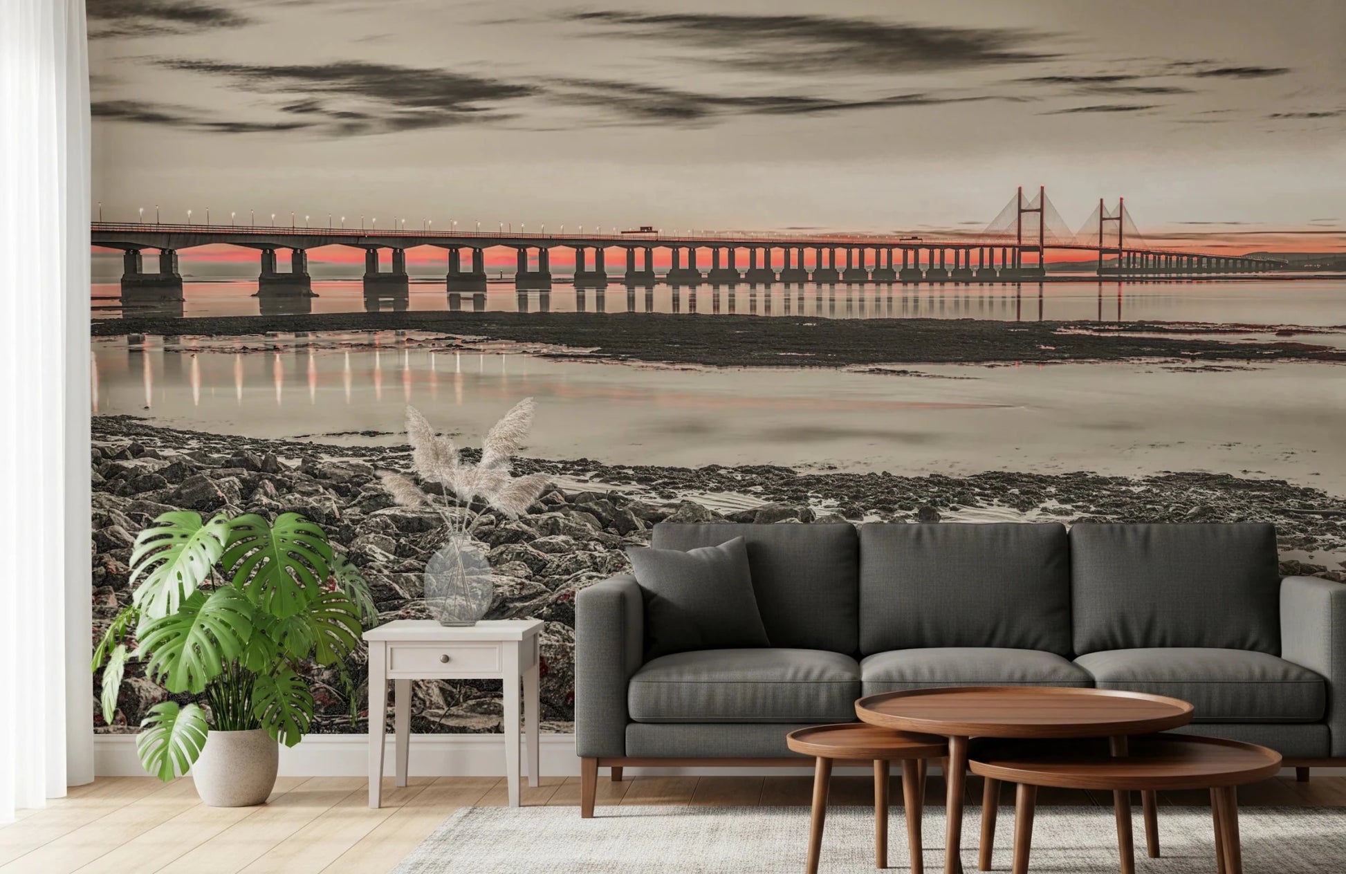 Soft evening sky seen in Bridge at Dusk wall mural design