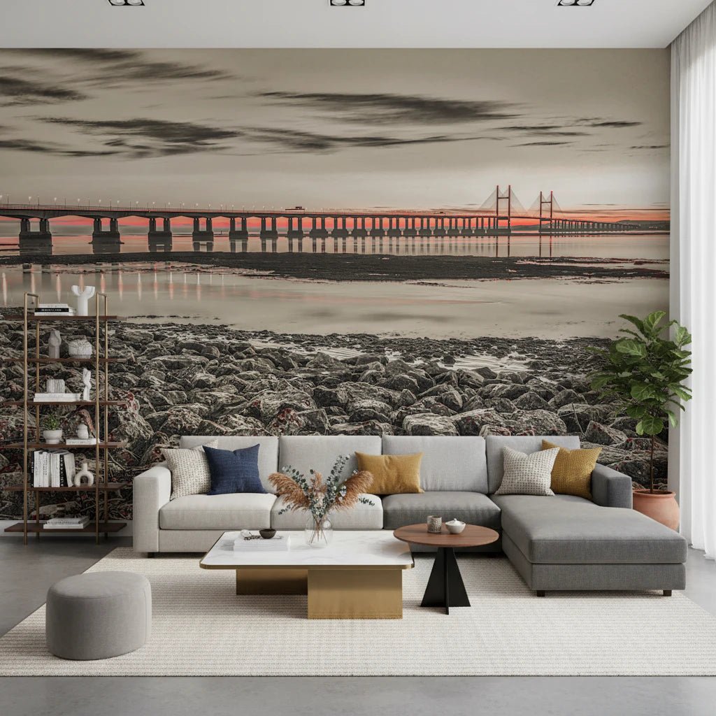 Living room with Bridge at Dusk wall mural and city bridge view, GD8750