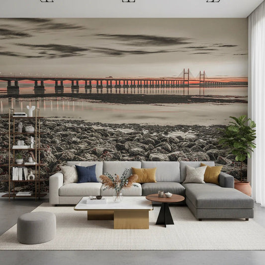 Living room with Bridge at Dusk wall mural and city bridge view