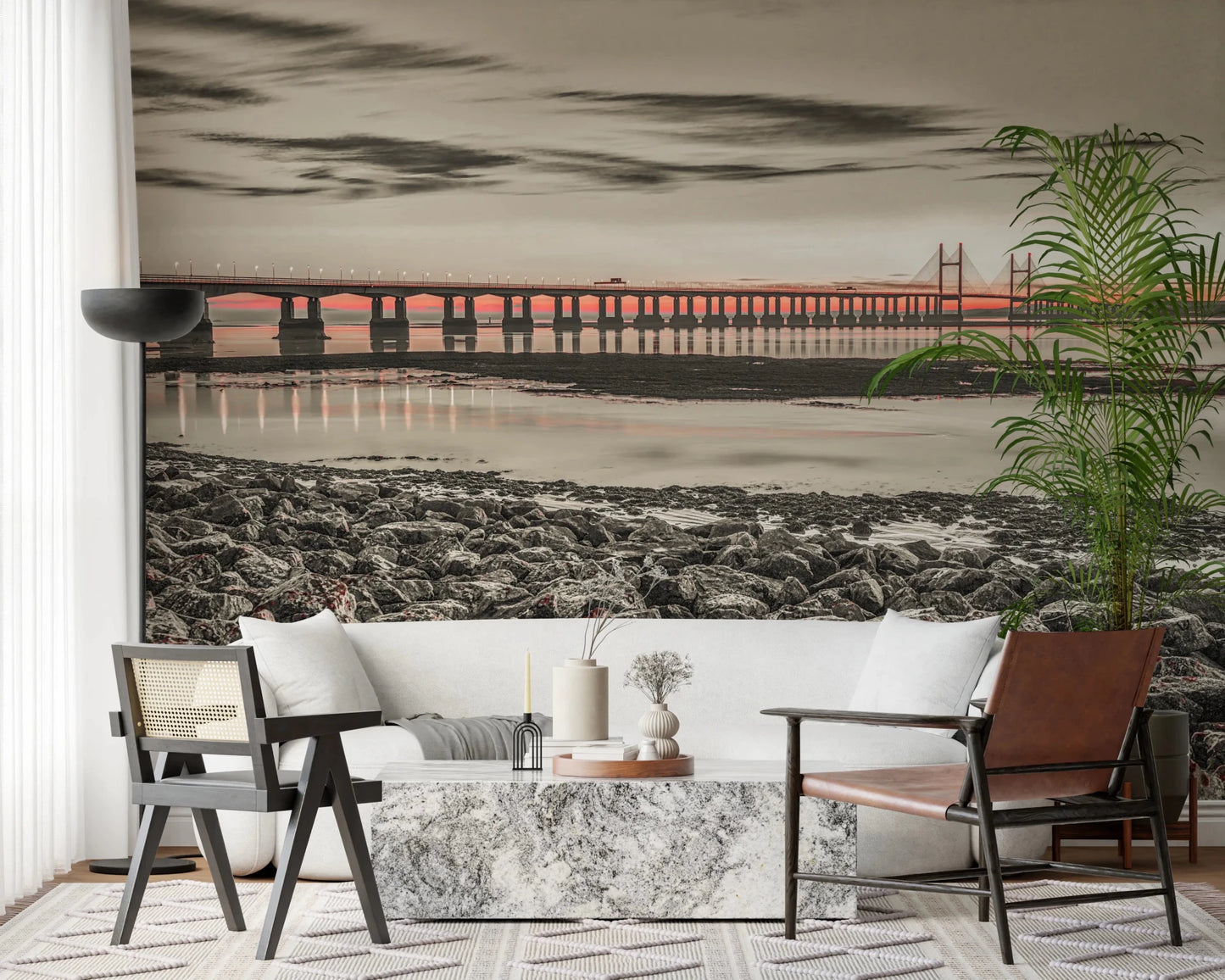 Wide bridge skyline captured in Bridge at Dusk wall mural