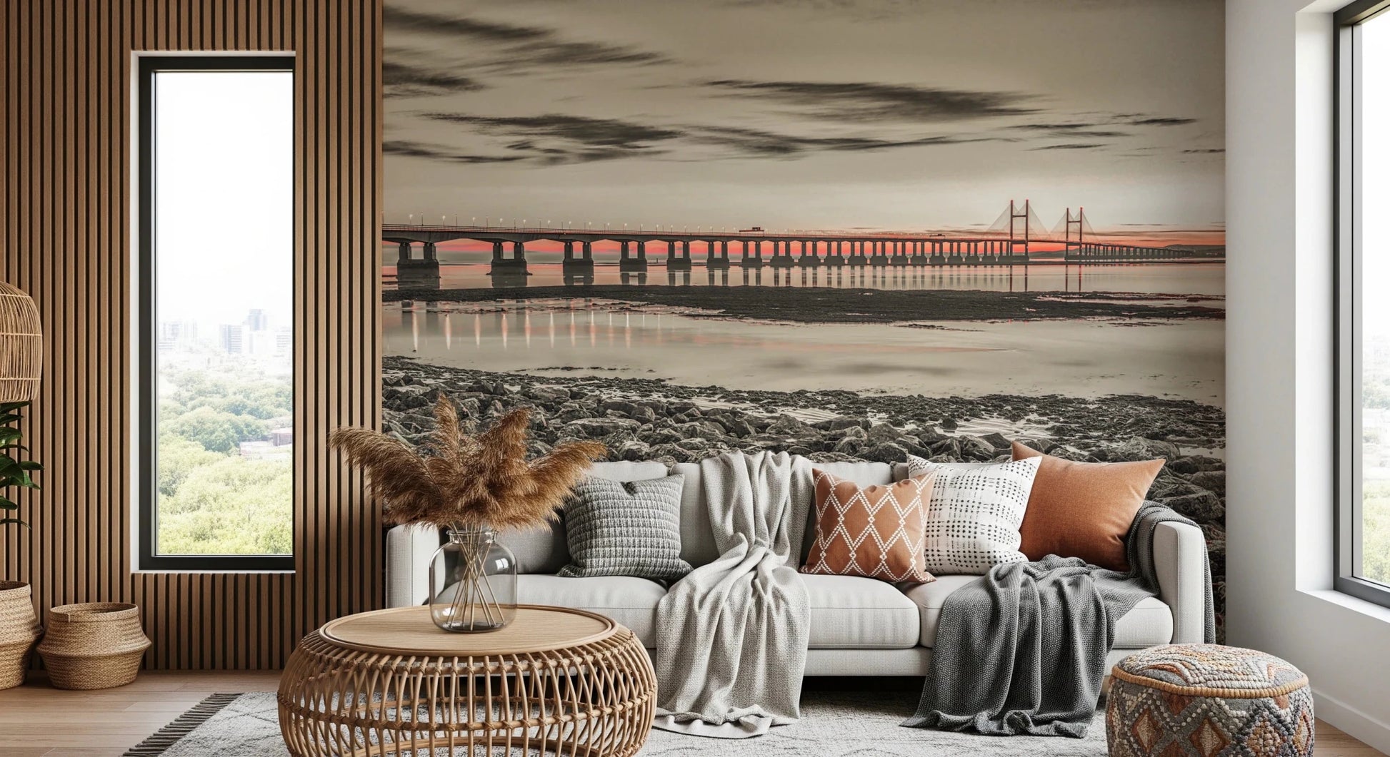 Coastal rocks and bridge view in Bridge at Dusk wall mural