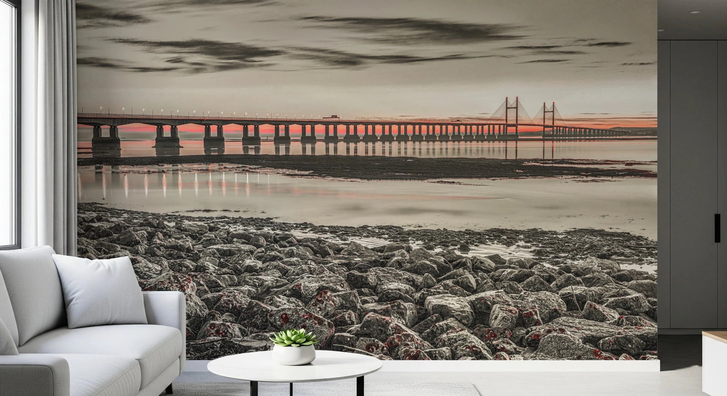 Dusk horizon glow highlights Bridge at Dusk wall mural scene