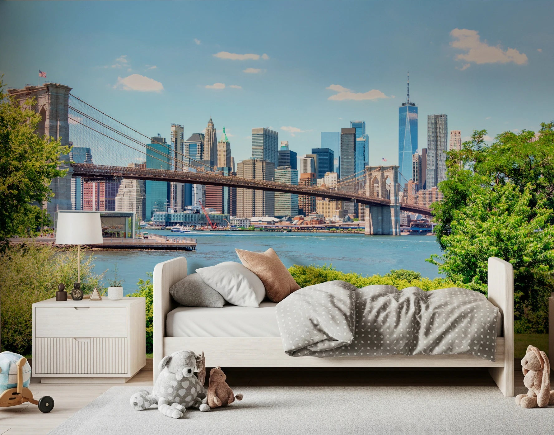 Kids bedroom with bed and toys placed before Bridge to Manhattan Wall Mural skyline, GD8259