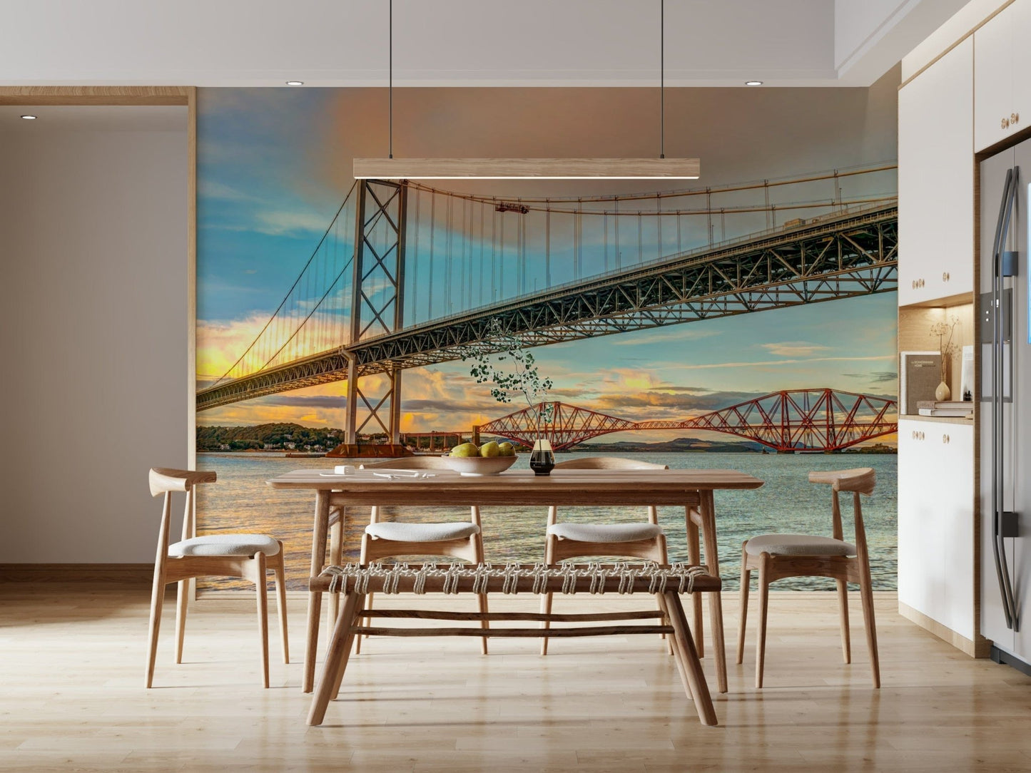 Orange and blue sky Bridging the Sky Wall Mural, colourful landscape wallpaper.