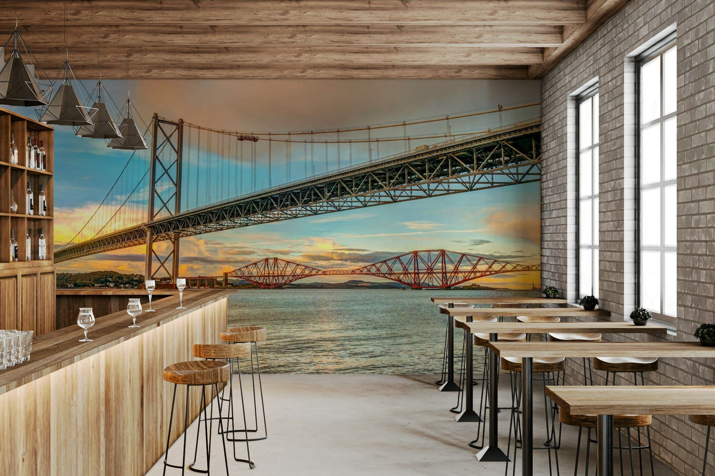 Vibrant sunset Bridging the Sky Wall Mural over the spectacular dual bridges.