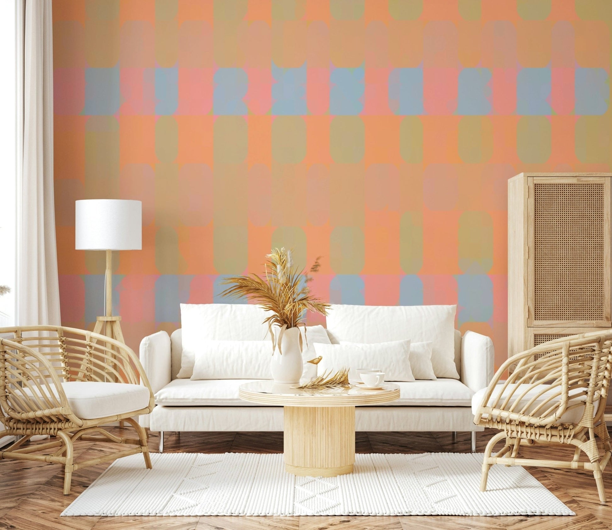 Vibrant orange blue wall paper Bright Day Geometry mural.