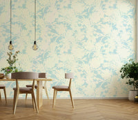 An angled shot of a wall with abstract floral wallpaper

