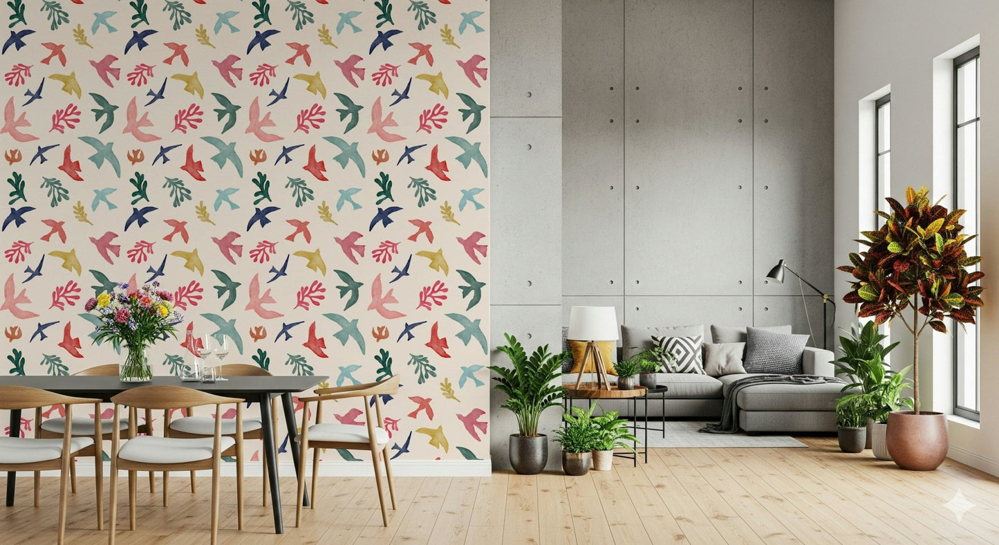 Bright Freedom Birds Wallpaper mural with a matte finish for walls.