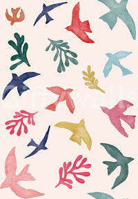 Vibrant winged creatures wallpaper mural for a creative studio area.