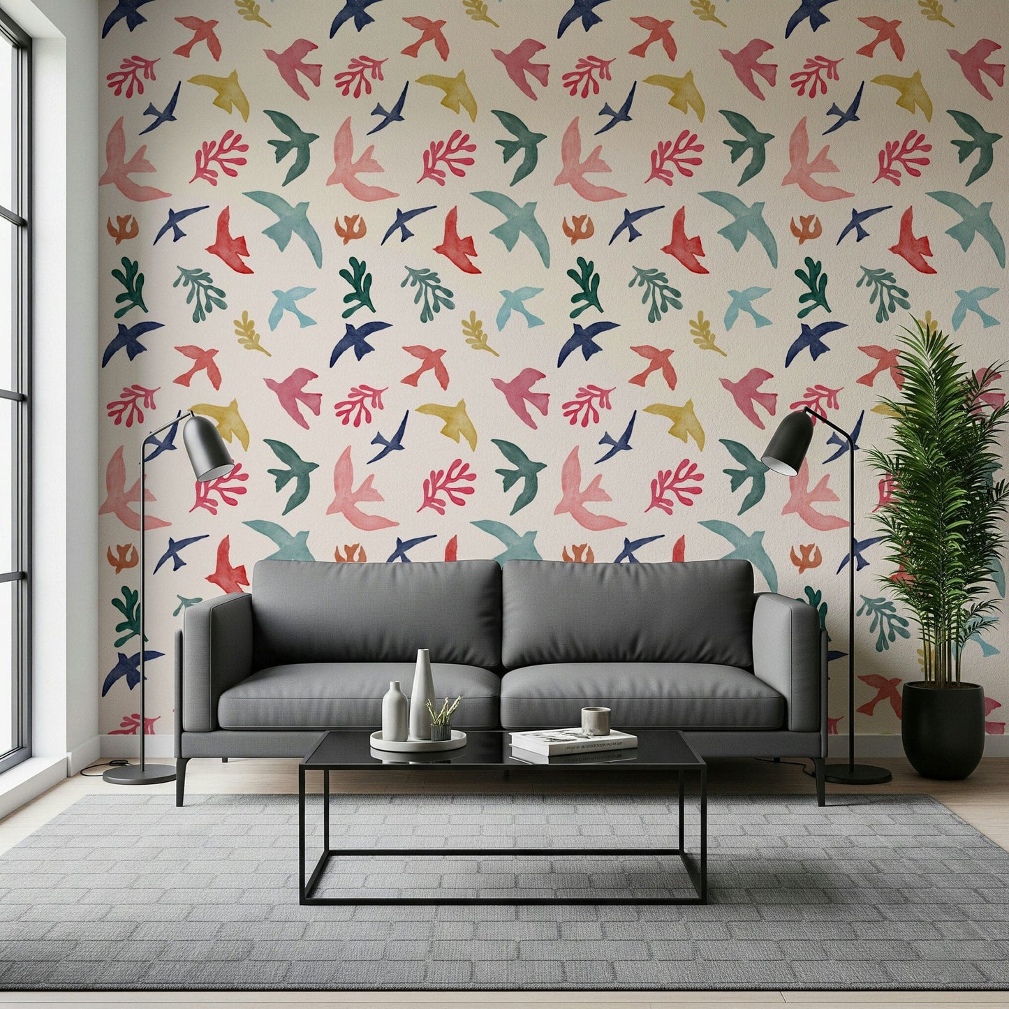Nature inspired Bright Freedom Birds Wallpaper mural for a home office.
