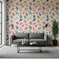 Nature inspired Bright Freedom Birds Wallpaper mural for a home office.