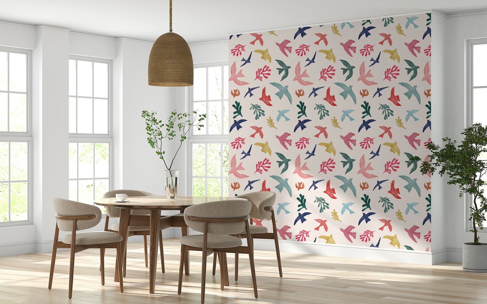 Artistic bird silhouettes wallpaper mural for a contemporary flat décor.