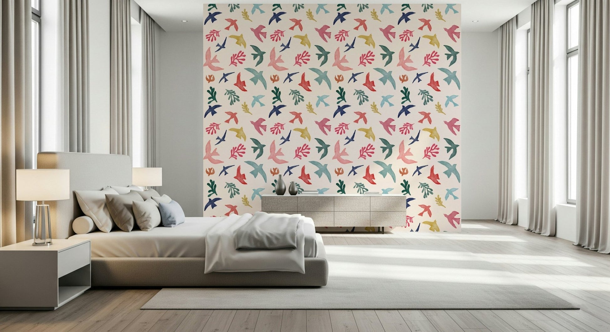 Flying sparrow design wallpaper mural with soft pastel colour tones.