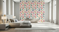 Flying sparrow design wallpaper mural with soft pastel colour tones.