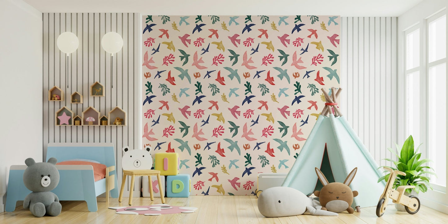 Colourful flying birds wallpaper mural for a modern bedroom wall.