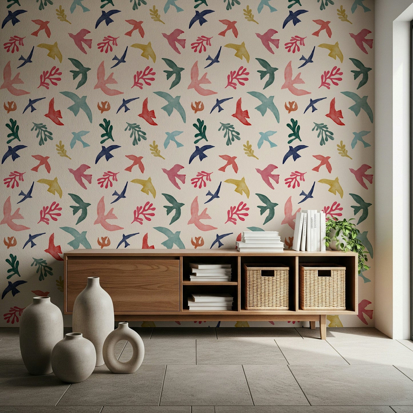 Minimalist avian art wallpaper mural for a peaceful nursery space.