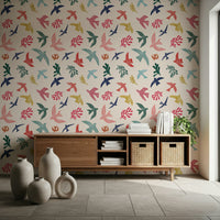 Minimalist avian art wallpaper mural for a peaceful nursery space.