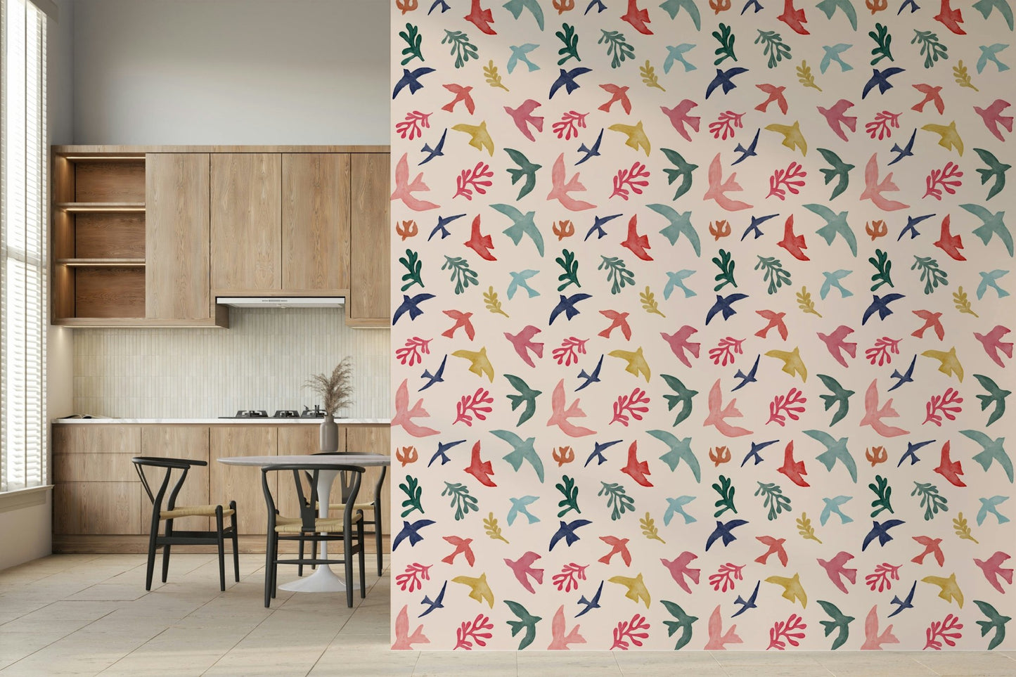 Blue sky and soaring birds wallpaper mural for an apartment lounge.