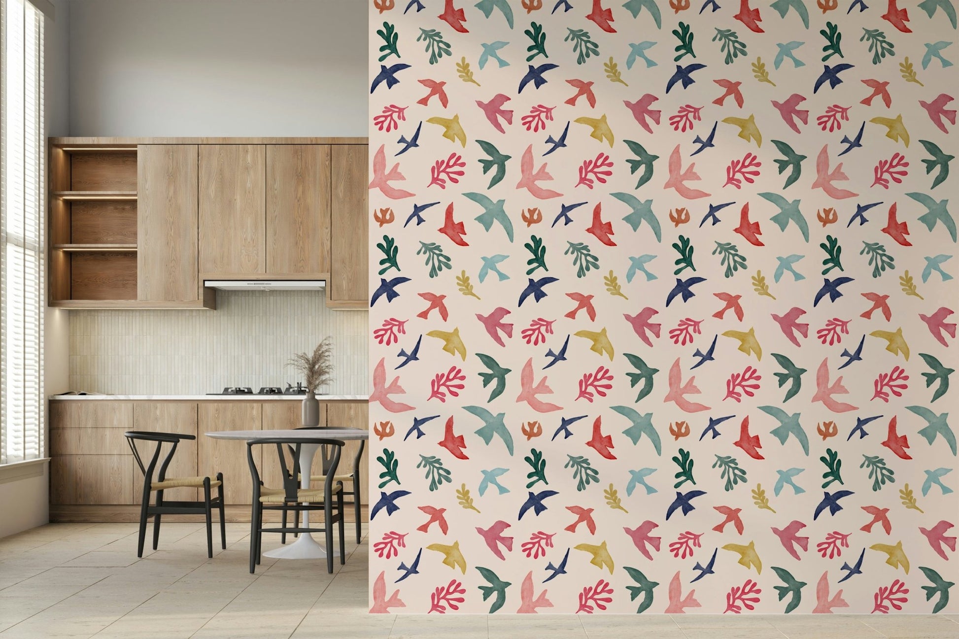Blue sky and soaring birds wallpaper mural for an apartment lounge.