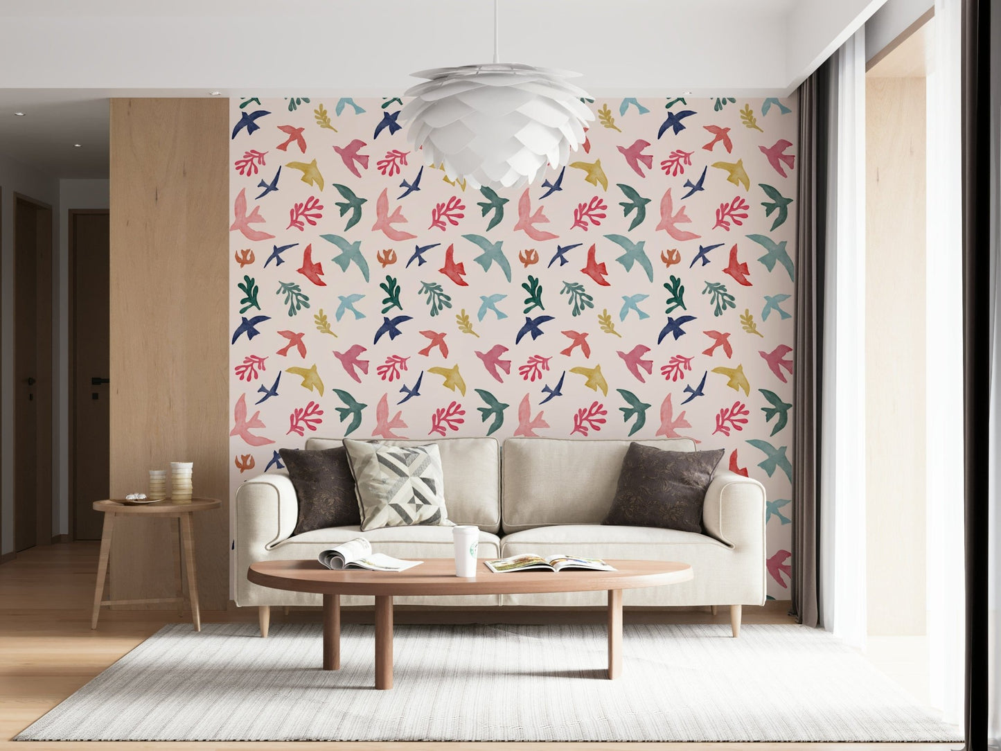 Bright Freedom Birds Wallpaper mural for a dining room accent wall.