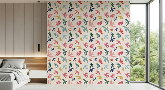 Bright Freedom Birds Wallpaper mural in a vibrant living room setting.