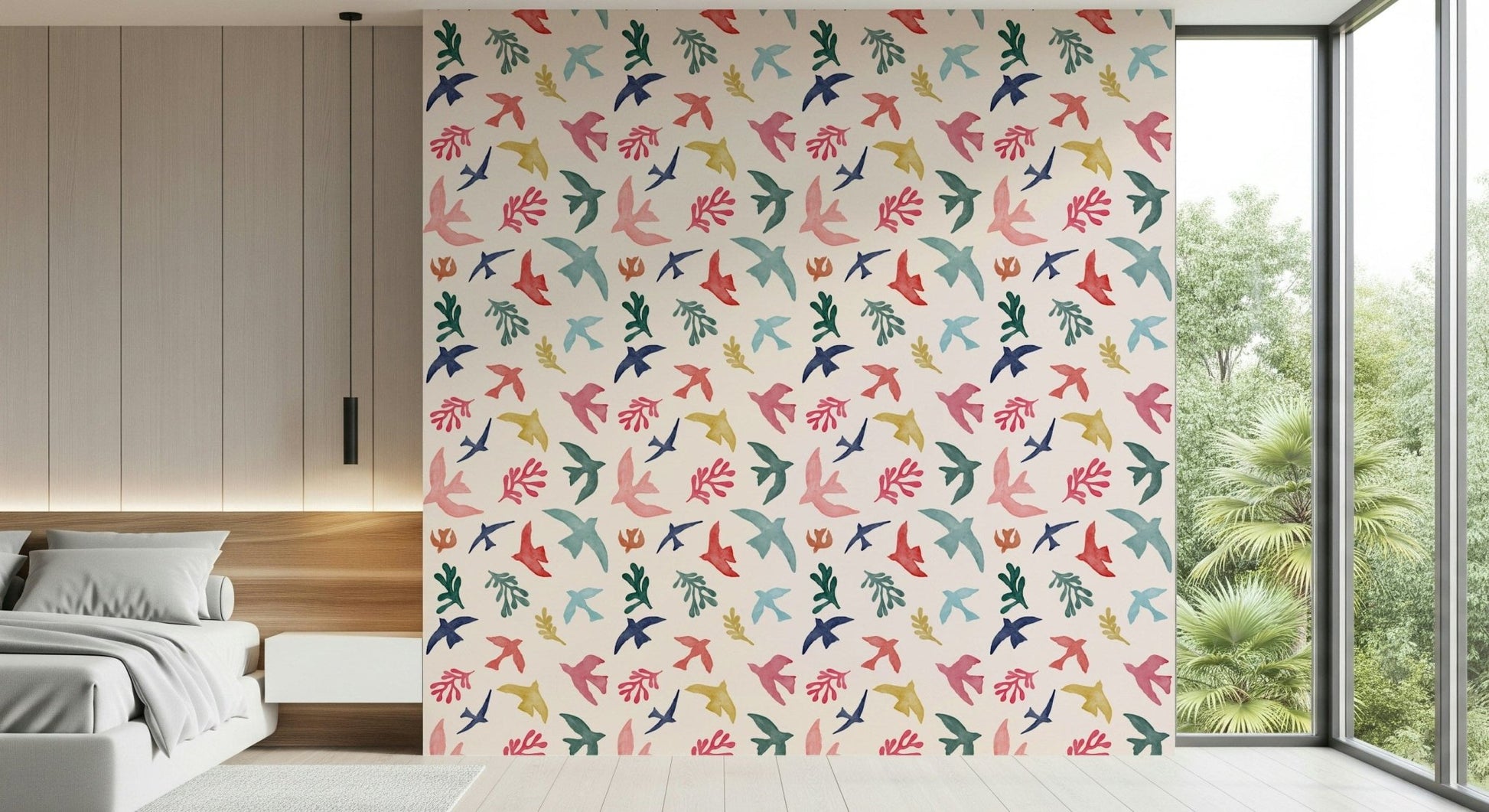 Bright Freedom Birds Wallpaper mural in a vibrant living room setting.