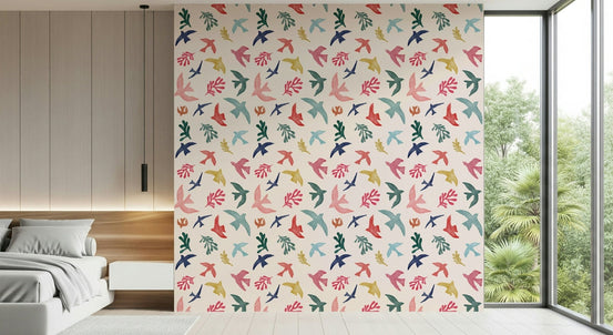 Bright Freedom Birds Wallpaper mural in a vibrant living room setting., GD7846