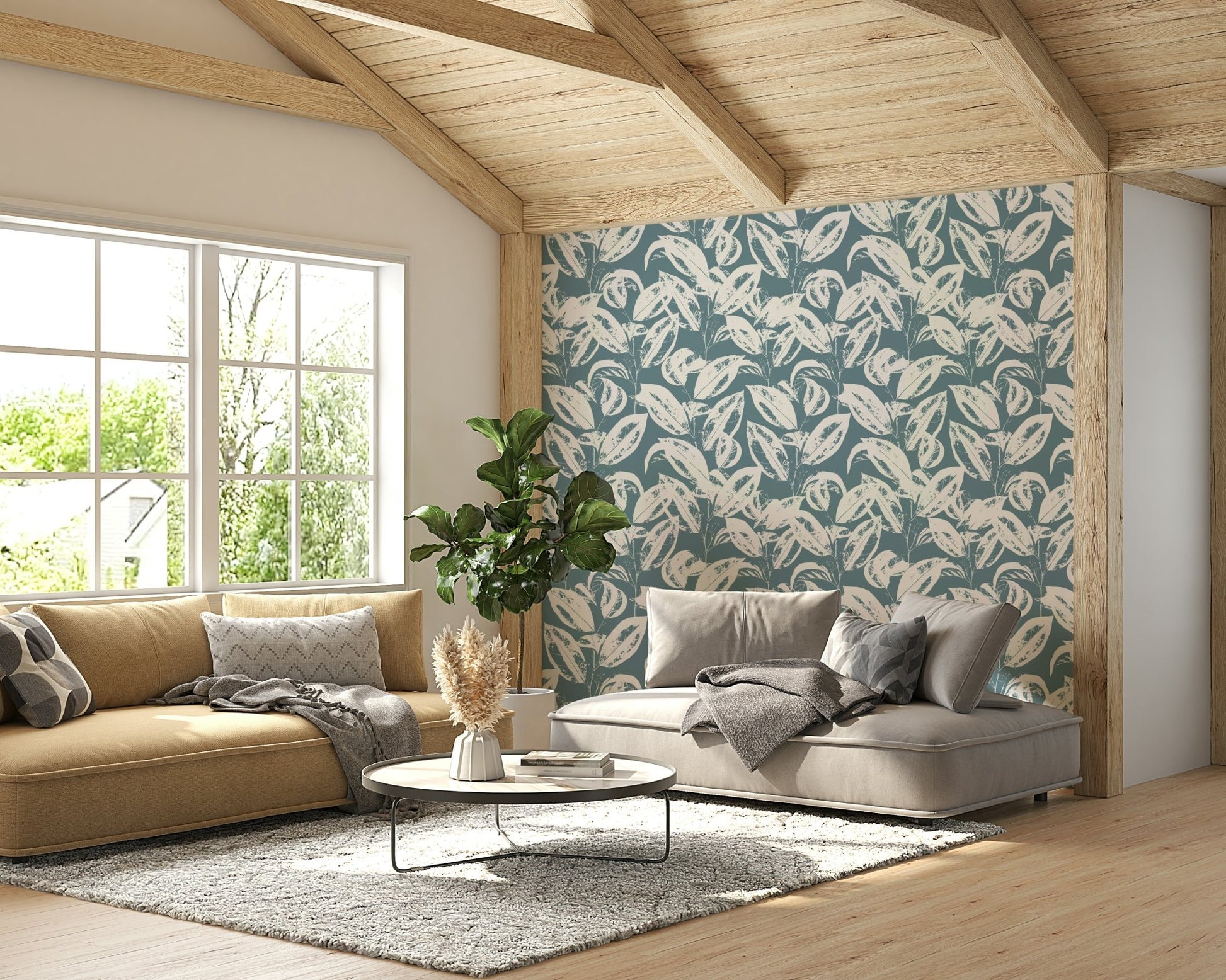 The Bright Leaves Wallpaper shown on a feature wall.


