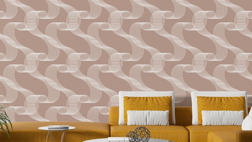 An angled shot of a wall with abstract wave wallpaper

