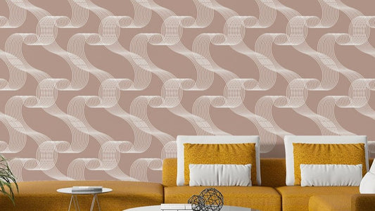 An angled shot of a wall with abstract wave wallpaper


