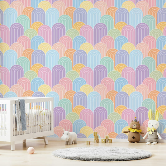 Close-up of soft pastel rainbow arches mural

