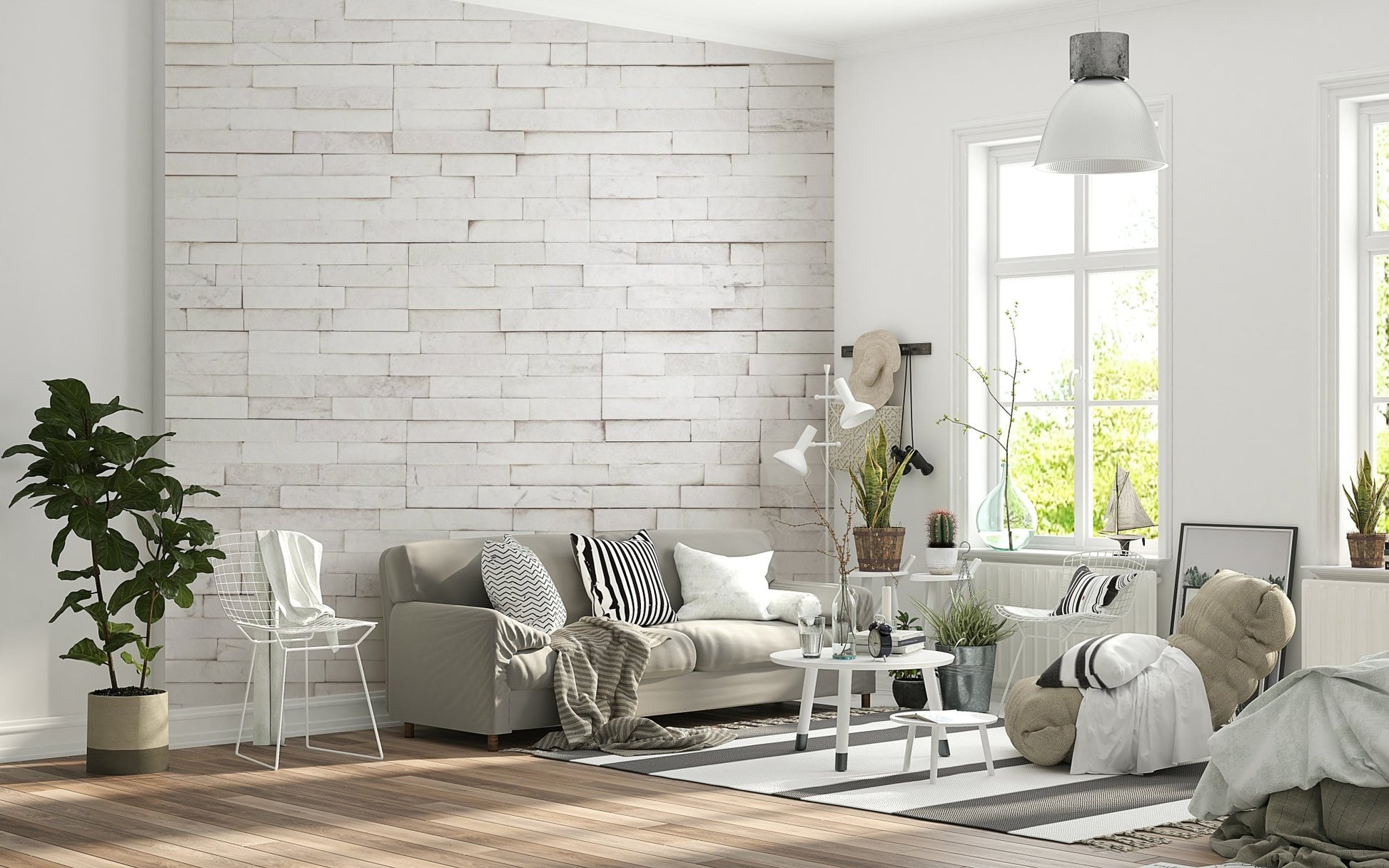 Bedroom with Bright Stacked Stone mural behind a white bed.