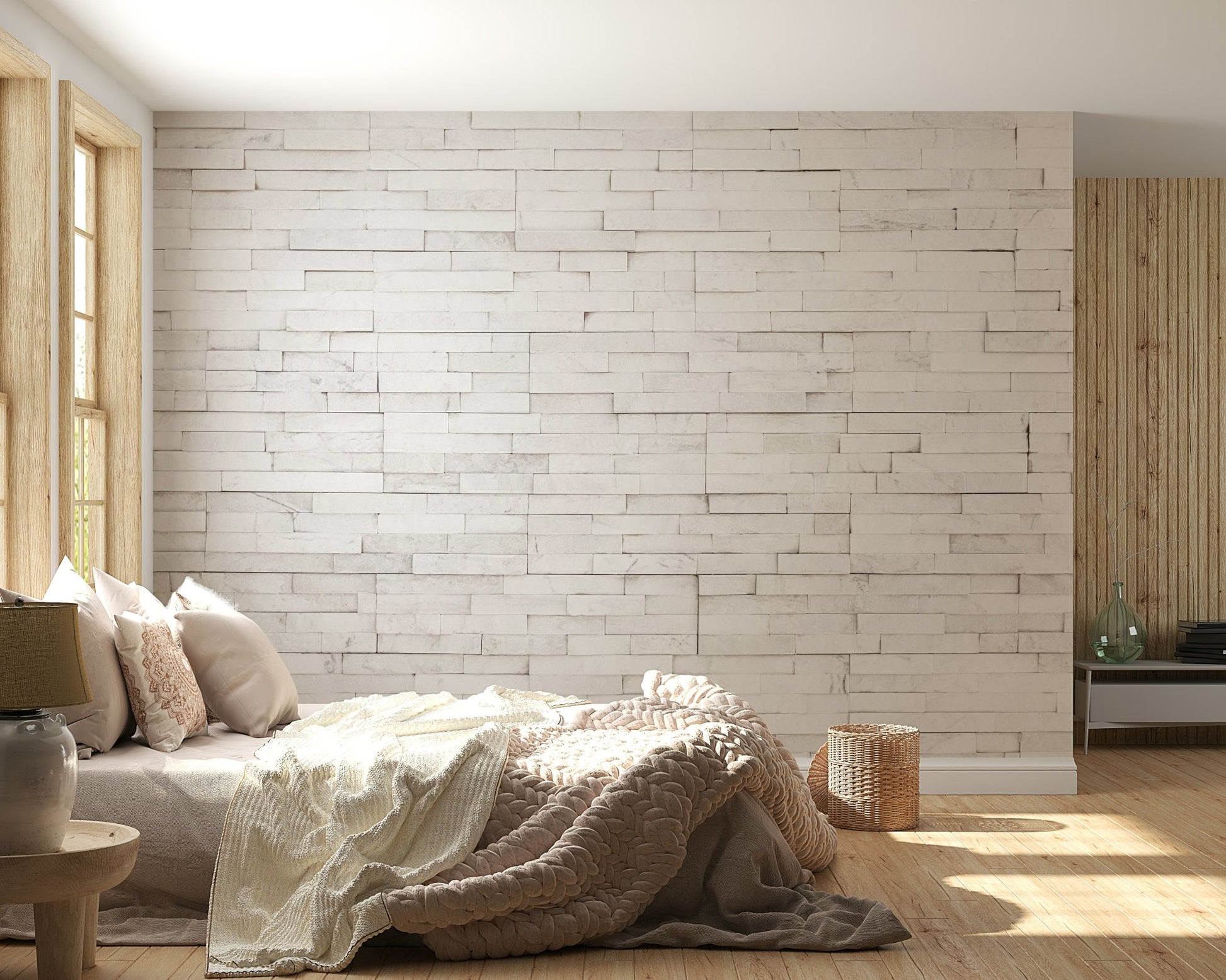Bright Stacked Stone wall mural in a sunlit living room.
