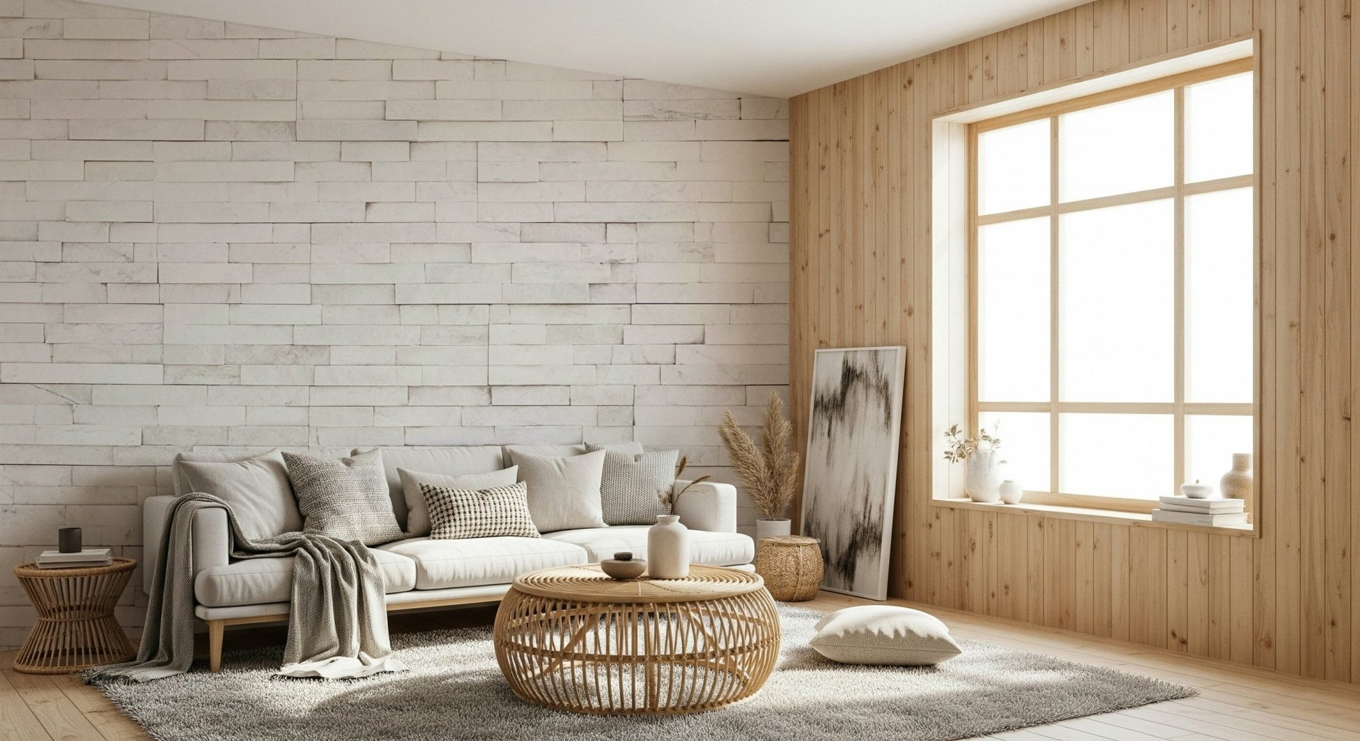 Bright Stacked Stone wallpaper for walls in a modern kitchen.