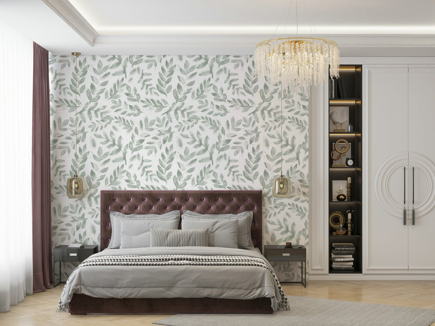An angled shot of a wall with watercolor leaf wallpaper

