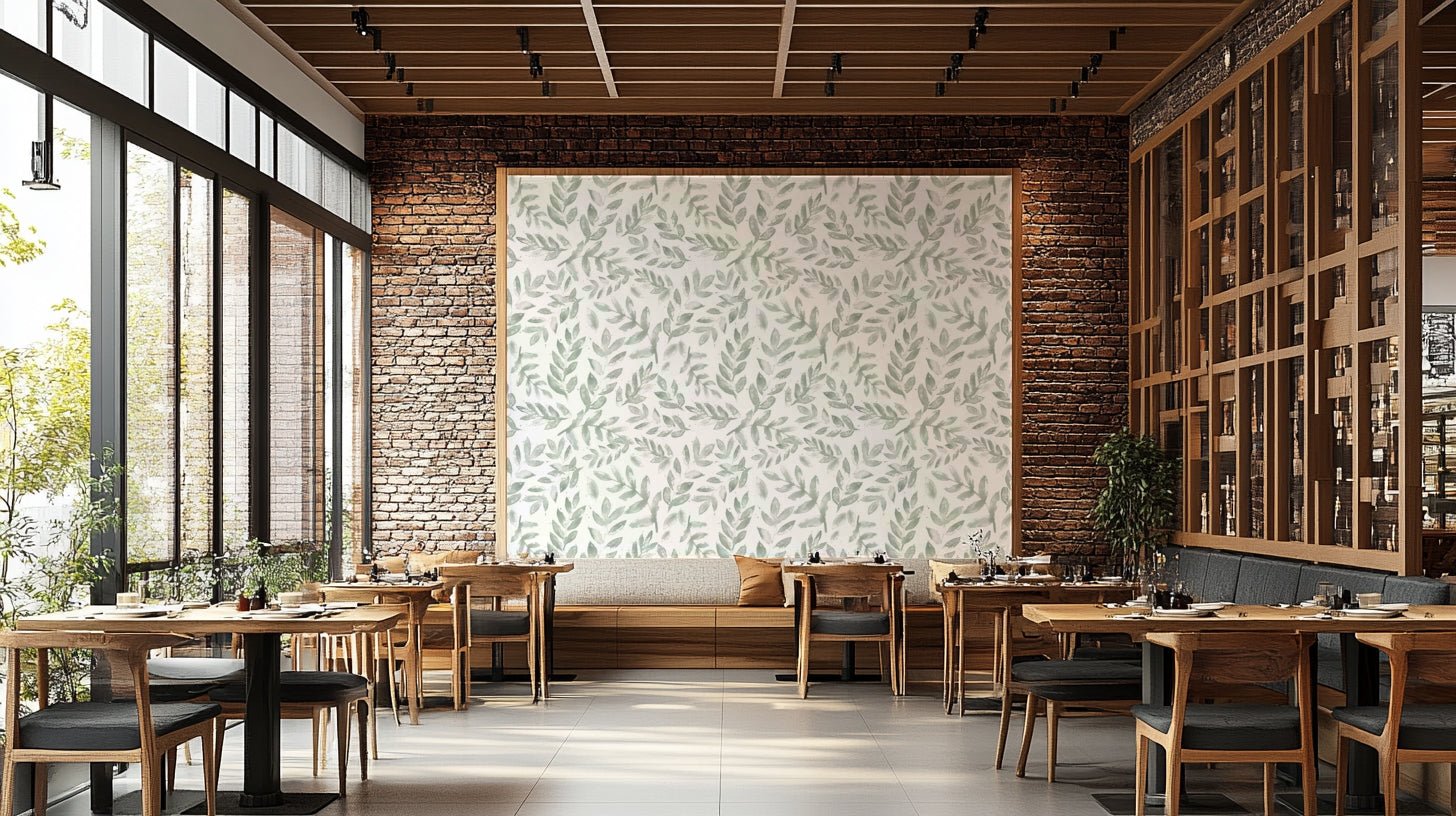 A sunroom decorated with a bright botanical mural

