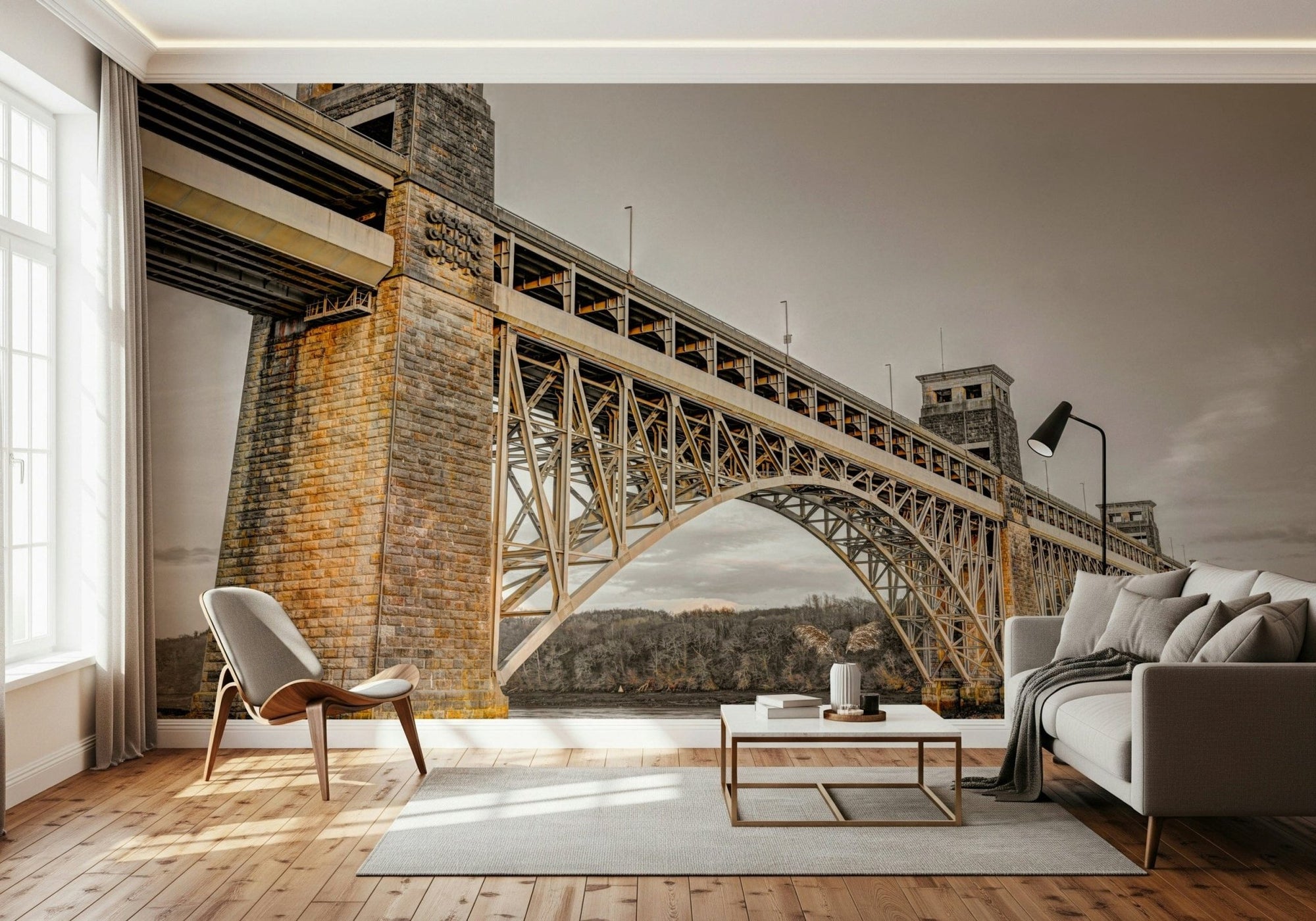 Britannia Bridge wall mural showing stone towers and steel arch spans GD7414

