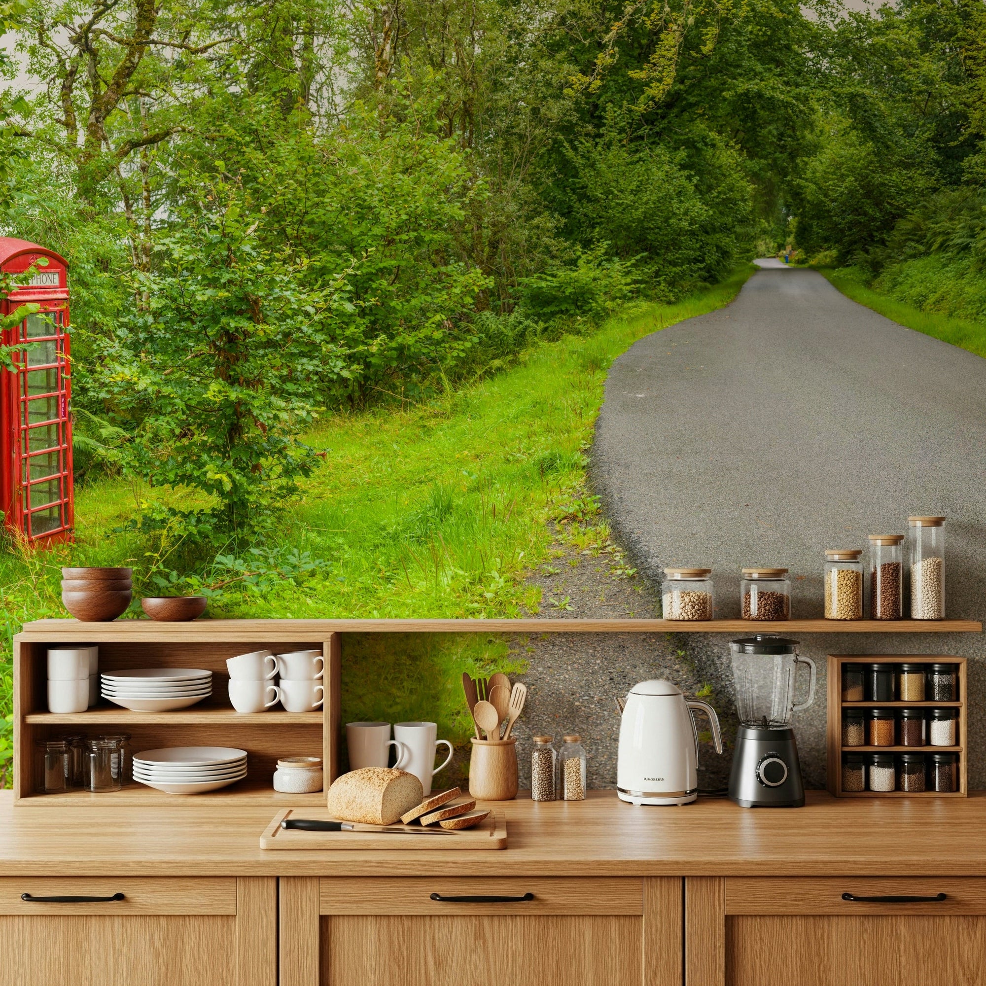 British Call Box Charm Wall Mural behind a comfortable seating area., GD6429