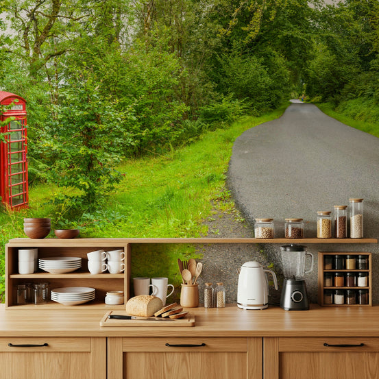 British Call Box Charm Wall Mural behind a comfortable seating area., GD6429
