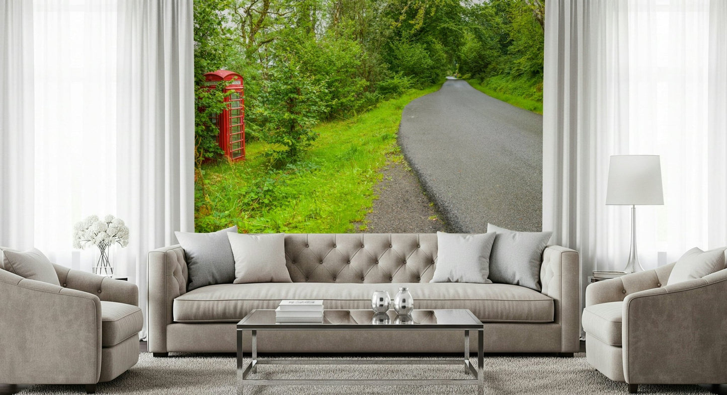 Red phone booth beside road on British Call Box Charm Wall Mural.