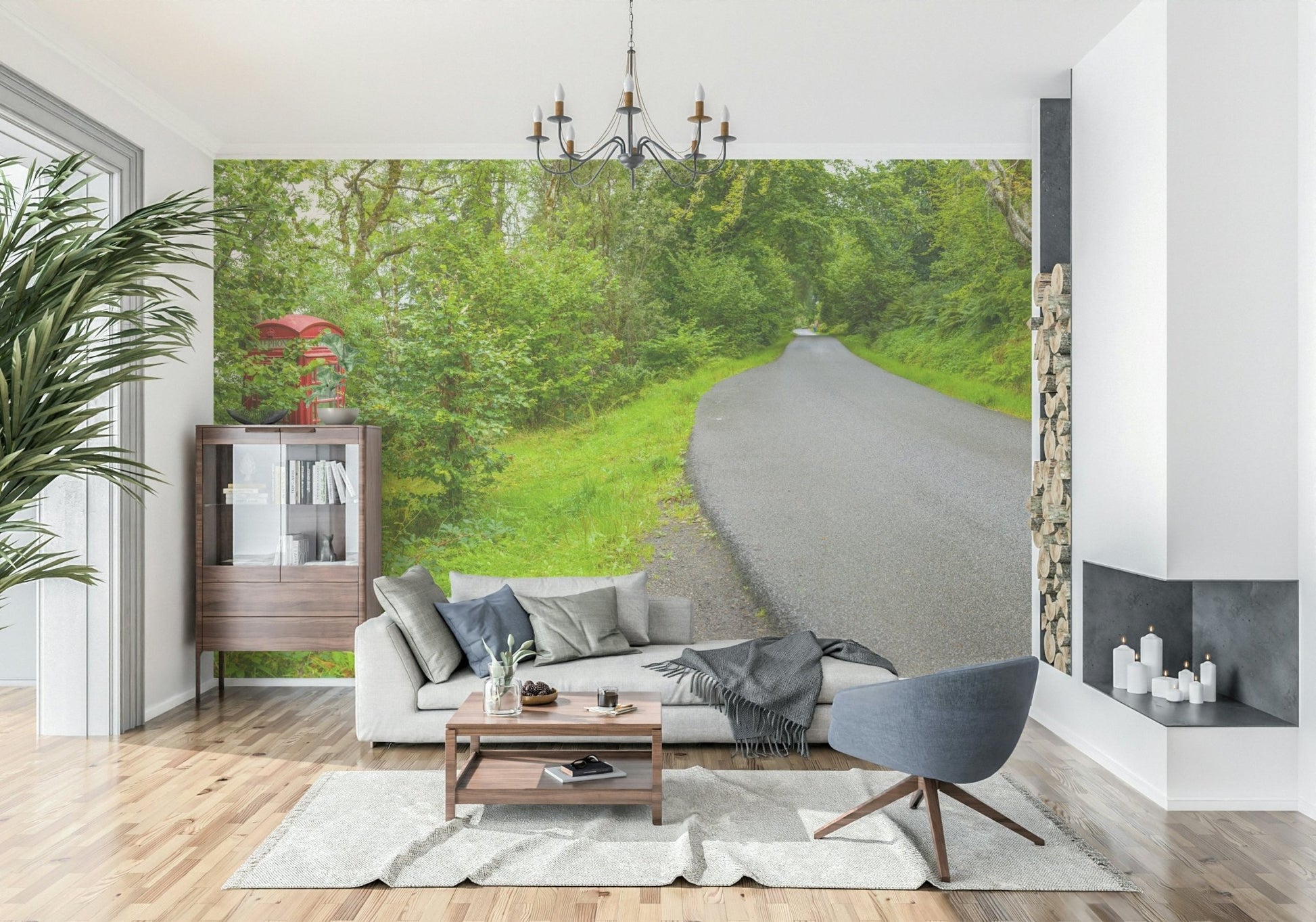 Countryside scenic mural wallpaper in a quiet room.