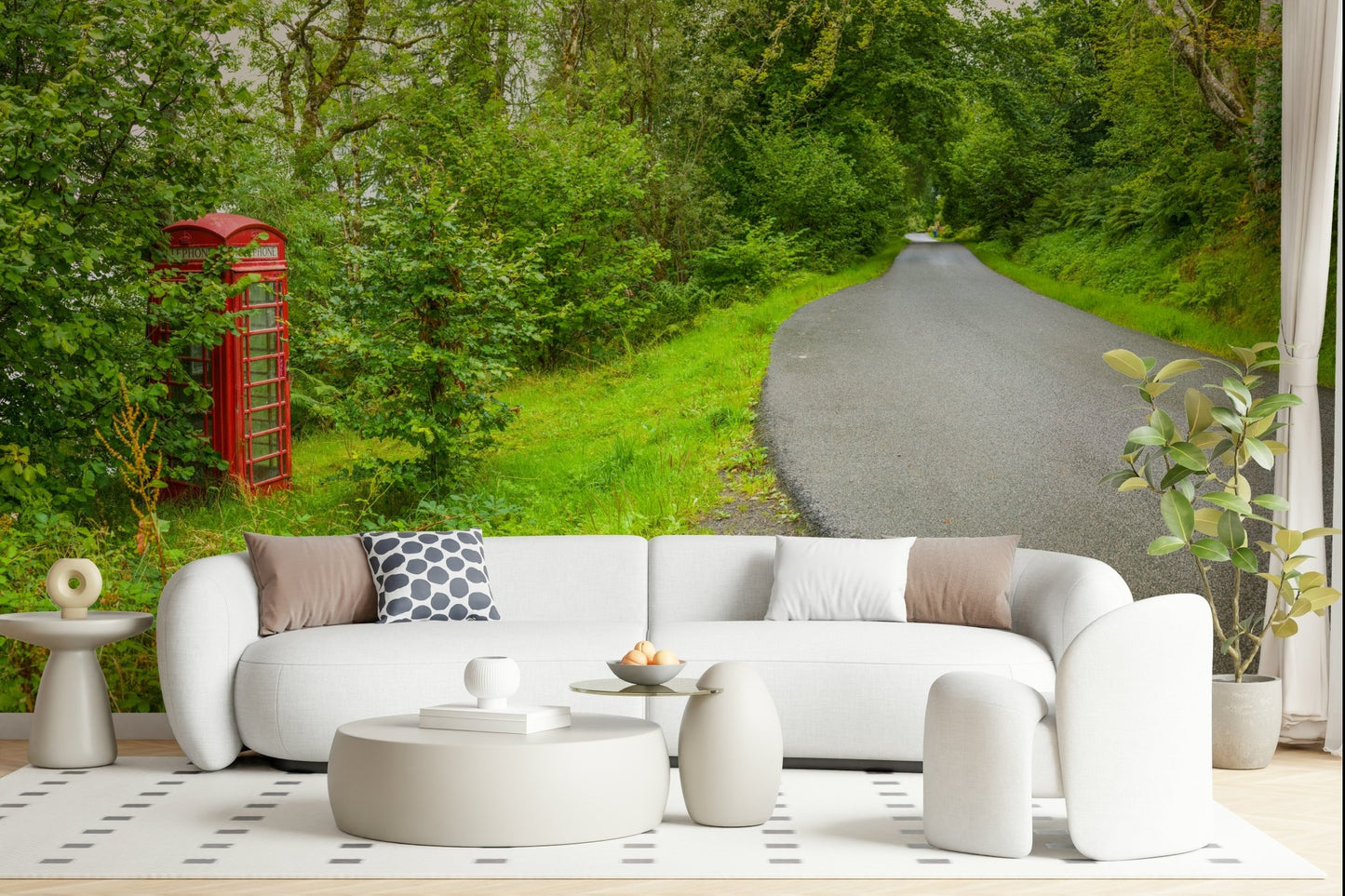 Lush green trees and quiet road of British Call Box Charm Wall Mural.