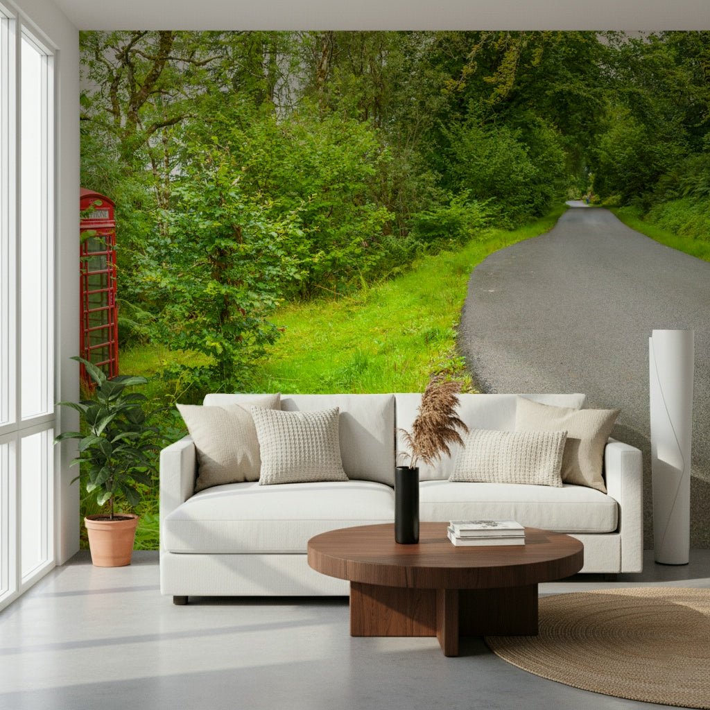 Detailed rural landscape on the British Call Box Charm Wall Mural print.