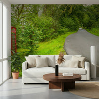 Detailed rural landscape on the British Call Box Charm Wall Mural print.