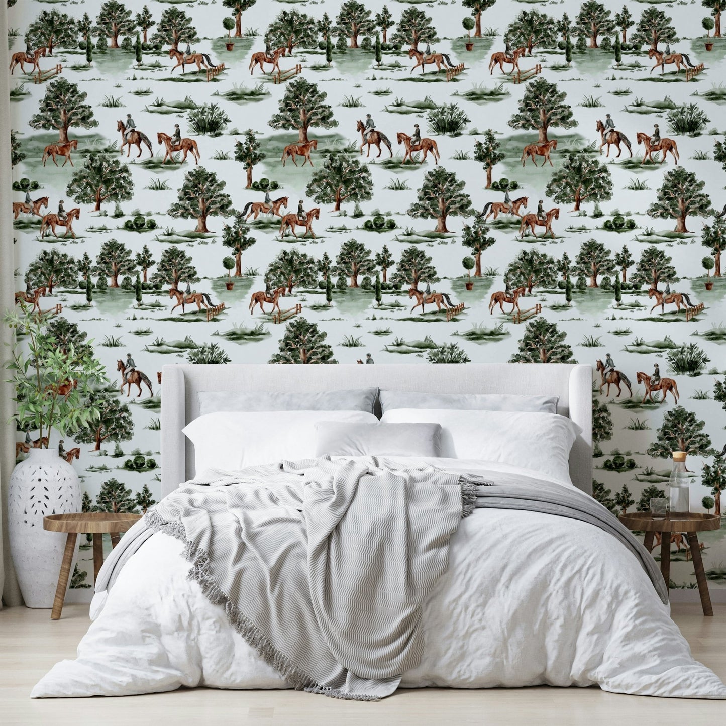 British countryside horses and riders in green landscape Wallpaper⁠