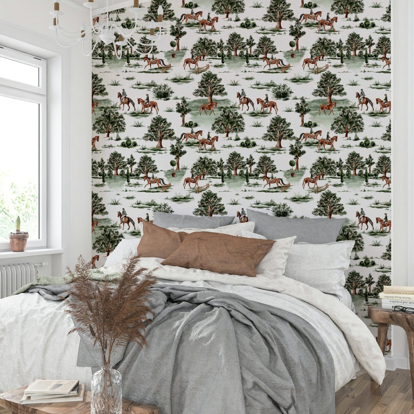 British countryside horses and riders in green landscape Wallpaper⁠