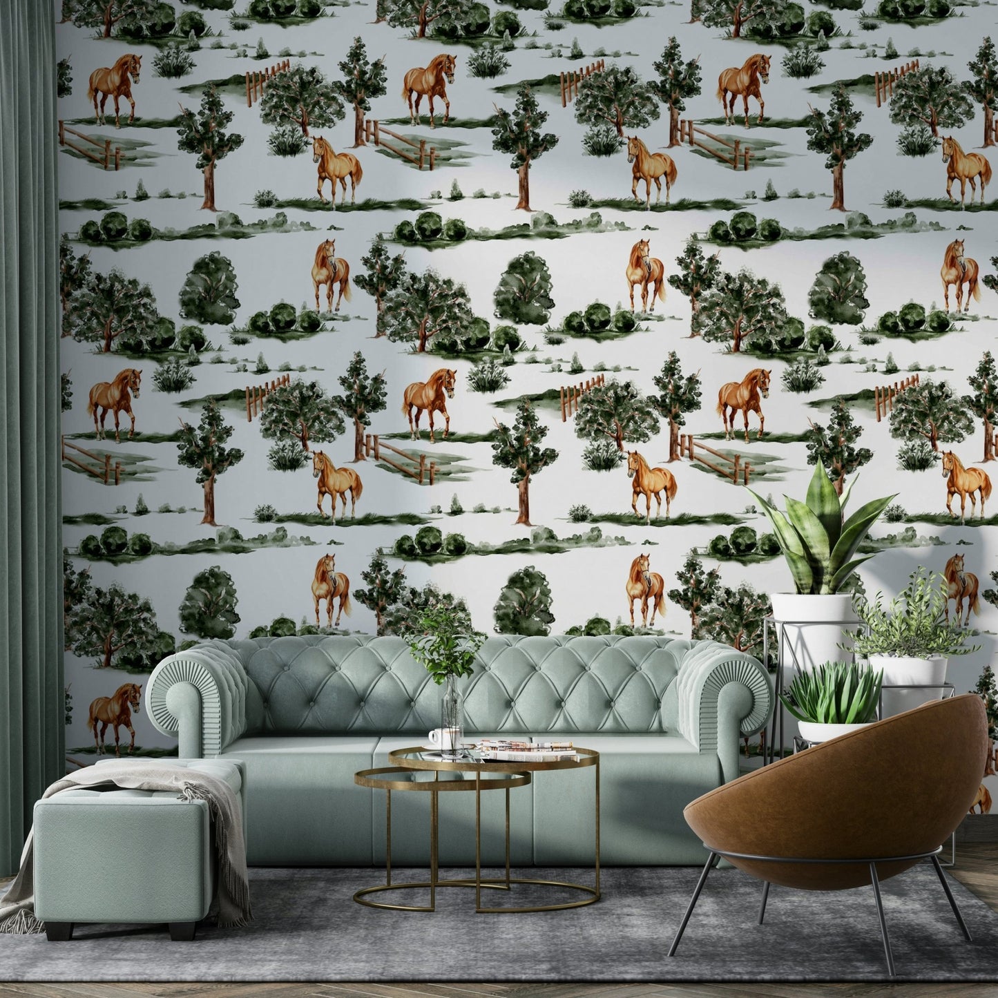 British countryside horses grazing among trees and fences Wallpaper⁠